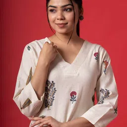PHYSIL Floral Embroidered V-Neck Thread Work Cotton Straight Kurta-43
