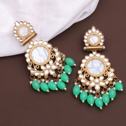 BELWICK Brass Plated Kundan Studded & Beaded Contemporary Drop Earrings-22