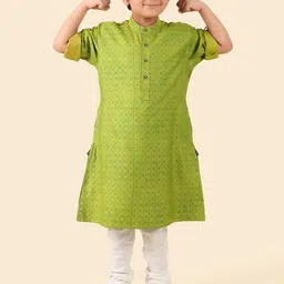 Fabindia Boys Floral Block Printed Roll-Up Sleeves Mandarin Collar Straight Kurta-23