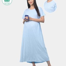 ECOMAMA Organic Cotton & Bamboo Antimicrobial Half Sleeves Maternity Nighty Dots Print - Light Blue-image-29
