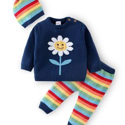 Babyhug Organic Cotton Full Sleeves Sweater Set Striped with Floral Design - Navy Blue-image-25