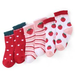 Cute Walk by Babyhug Cotton Blend Ankle Length Anti Bacterial Socks Strawberry Design Pack of 3 - Pink & Red-image-95