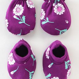 Babyhug 100% Cotton Knit Mittens & Booties Floral Print - Purple-image-98