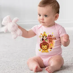 KNITROOT Navratri Theme Half Sleeves Jai Mata Di Printed Onesie - Pink-picture-23