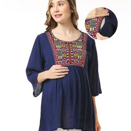 Bella Mama Woven Embroidered Yoke With Three Fourth Sleeves Maternity Top - Navy Blue-image-7
