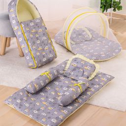 Zoe Bedding Set Sleeping Bag & Mosquito Net Gadda Combo Set of 3 Under The Sea Print - Grey-6