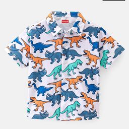 Babyhug 100% Cotton Knit Half Sleeve Shirt With Dino Print - White-image-74