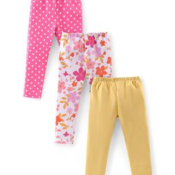 Babyhug Cotton Lycra Knit Floral Printed Leggings Pack of 3 - Pink White & Beige-image-33