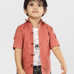 Polka Tots  Full Sleeves Airplane  Printed Shirt With Attached Tee  - Peach-image-23