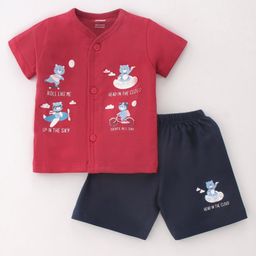 CUCUMBER Cotton Knit Half Sleeves Night Suit With Teddy Print - Red & Black-image-44