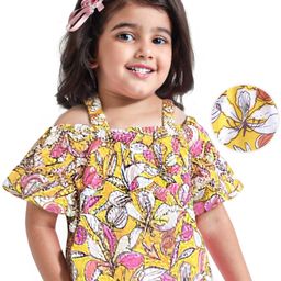 Babyhug Cotton Knit Half Sleeves Off-Shoulder  Top with Floral Print - Mustard-image-98