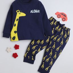 BUMZEE Cotton Knitted Full Sleeves Giraffe Printed Coordinating Tee & Pyjama Set - Navy Blue-image-27