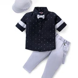 Babyhug Knit Full Sleeves Printed Party Shirt & Trousers with Cap Bow & Suspender - Navy Blue & Grey-picture-0