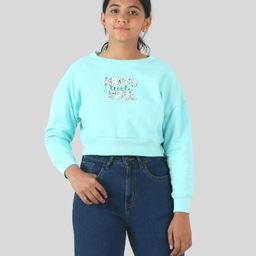 tweeny mini Cotton  Full Sleeves Happy Little Soul Text Printed Crop Sweater - Aqua Blue-image-12
