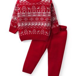 Babyhug Knit Full Sleeves Sweater & Pant Set Reindeer Design - Maroon-image-73