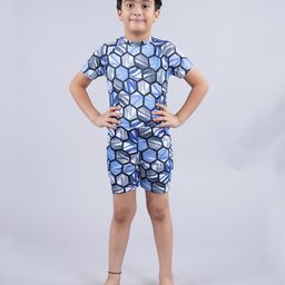 Kiddopanti Half Sleeves Abstract Printed Swimsuit - Navy Blue-picture-17