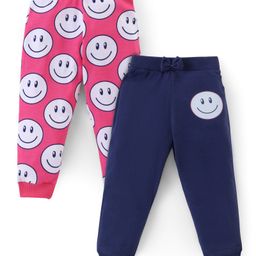 Babyhug Cotton Knit Full Length Lounge Pant with Smiley Print Pack of 2- Pink & Navy-image-96