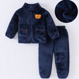 Kookie Kids Full Sleeves Winter Wear Front Open T-Shirt & Pant Set with Bear Embroidery - Navy Blue-image-62