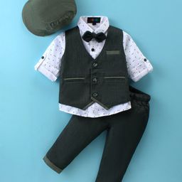 Robo Fry Lycra Knit Full Sleeves Solid Colour 3 Piece Party Suit with Bow & Hat - Dark Green-picture-13