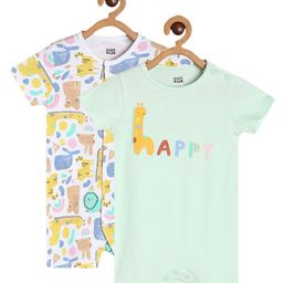 MINI KLUB Cotton Pack Of 2 Half Sleeves Animals & Text Printed Rompers - Multi Colour-image-15