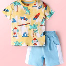 Babyhug Single Jersey Knit Half Sleeves T-Shirt & Shorts Set With Beach Theme Print - Yellow & Blue-image-18