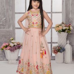 Tiny Kingdom Georgette Sleevless Floral Embroided Sequins Embellished Lehenga Choli With Dupatta Set - Peach-picture-13