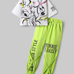 Ollington St. Disney Single Jersey Knit Half Drop Shoulder Sleeves Oversize Crop T-Shirt And Trouser With Flap Pocket And Minnie Mouse Graphics - Green & White-image-9