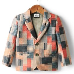 Noddy Knitted Full Sleeves Abstract Printed Textured Blazer - Khaki-14