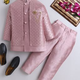 Ahhaaaa Cotton Silk Blend Full Sleeves Floral Embroidered Sequins Embellished Sherwani & Pant Set - Pink-image-47