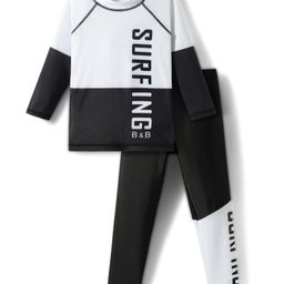 KIDLINGSS Full Sleeves Cut & Sew Surfing Text Printed 2 Piece Swimsuit Set - White & Black-image-88