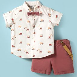 ToffyHouse Poplin Woven Half Sleeves Vehicle Printed Shirt & Shorts With Bow & Suspender - White & Red-image-27