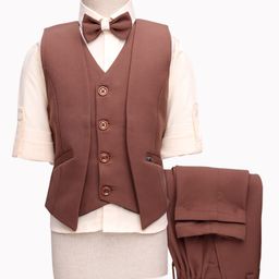 Rikidoos Full Sleeves Solid 3 Piece Party Suit With Bow Set - Brown & Cream-image-96