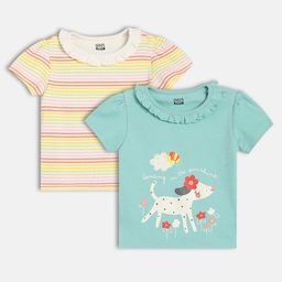 MINI KLUB Cotton Knit Pack Of 2 Half Sleeves Striped & Dog Printed Tops - White & Blue-image-45
