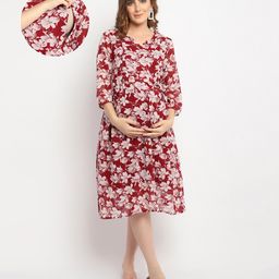 Moms Maternity Georgette Woven Three Fourth Puffed Sleeves Floral Printed Maternity Dress With Side Zipper Nursing Access - Maroon-image-104