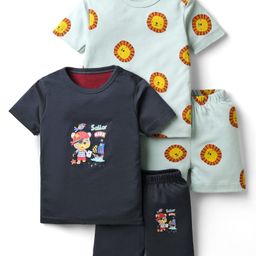 Kidi Wav Pack Of 2 Half Sleeves Bear & Baby Lions Printed Coordinating Tees & Shorts Set - Multi Colour-image-83