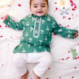 KID1 Cotton Woven Full Sleeves Floral Printed Lace Detailed Kurta Pyjama Set - Green-image-72