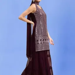 PARROT CREATION Geometric Embroidered Georgette Straight Kurti With Sharara & Dupatta image 3