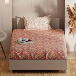 KOPA Brown & Red Floral 152 TC Single Bedsheet with 1 Pillow Covers-image-12