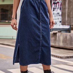 StyleCast Washed Denim Midi A-Line Skirt-image-63