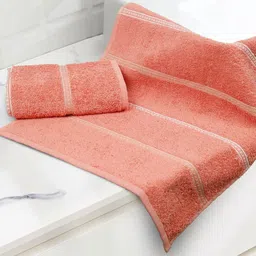 MYTRIDENT Peach Colored & White 2 Pieces Striped 450 GSM Pure Cotton Hand Towels-image-82