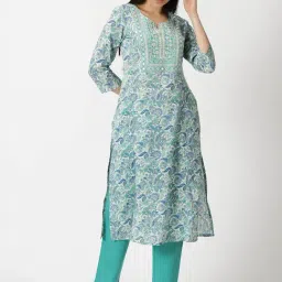 Saffron Threads Sea Green Cotton Floral Print Straight Kurta-picture-47