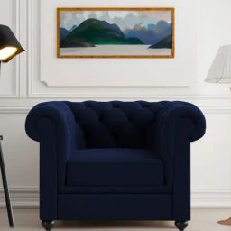 Trevi Manchester Quilted Navy Blue Velvet & Neem Wood 1 Seater Sofa-29