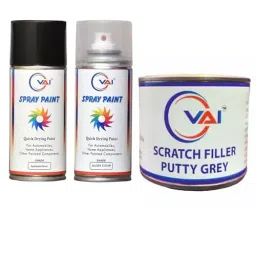 VAI Automotive Spray Paint Splendid Silver+Gloss Clear ‎225 ml Can Each for Maruti with Scratch Filler Putty Grey 200 g, 1 Putty Abrasion Tool and 320 Grits Sandpaper-45