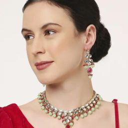 Oomph Kundan & Beads Ethnic Green Necklace & Earring Set-20