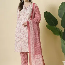 Yufta Floral Printed Mirror Work Pure Cotton Straight Kurta With Trousers & Dupatta-image-80