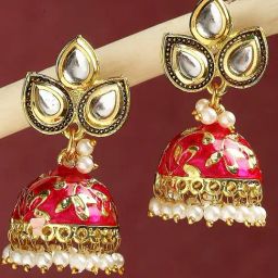 Oomph Rani Pink Meenakari with Kundan Pearls Jhumki Earrings-image-99