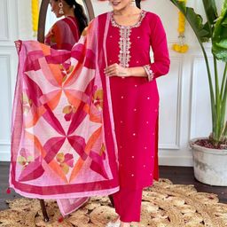Growdamy Women Ethnic Motifs Embroidered Regular Thread Work Chanderi Silk Kurta with Trousers & With Dupatta-46