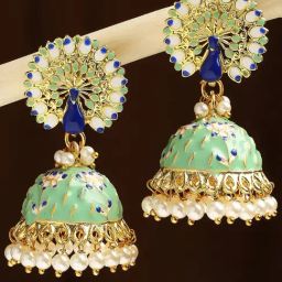 Oomph Mint Green Meenakari Peacock Design Jhumki Earrings-6