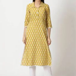 Saffron Threads Mustard Cotton Ikat Print A Line Kurta-image-95