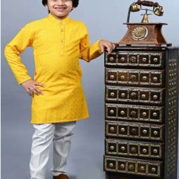 Ahhaaaa Kids Yellow & White Cotton Embroidered Full Sleeves Kurta Set-image-63